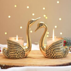BEHOMA Pair of Swan Candle Holder with Giftbox for Home Decor, Gold | Feng Shui Good Luck Love Gifts Votive Holder for Living Room | Showpiece Wedding Gifts for Couple (Candles not Included) Gold